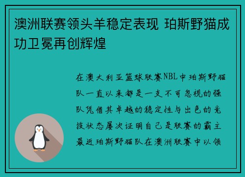 澳洲联赛领头羊稳定表现 珀斯野猫成功卫冕再创辉煌