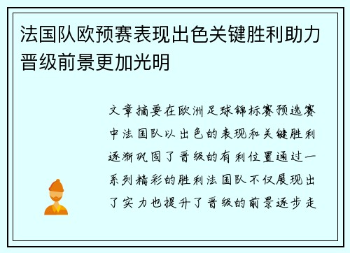 法国队欧预赛表现出色关键胜利助力晋级前景更加光明
